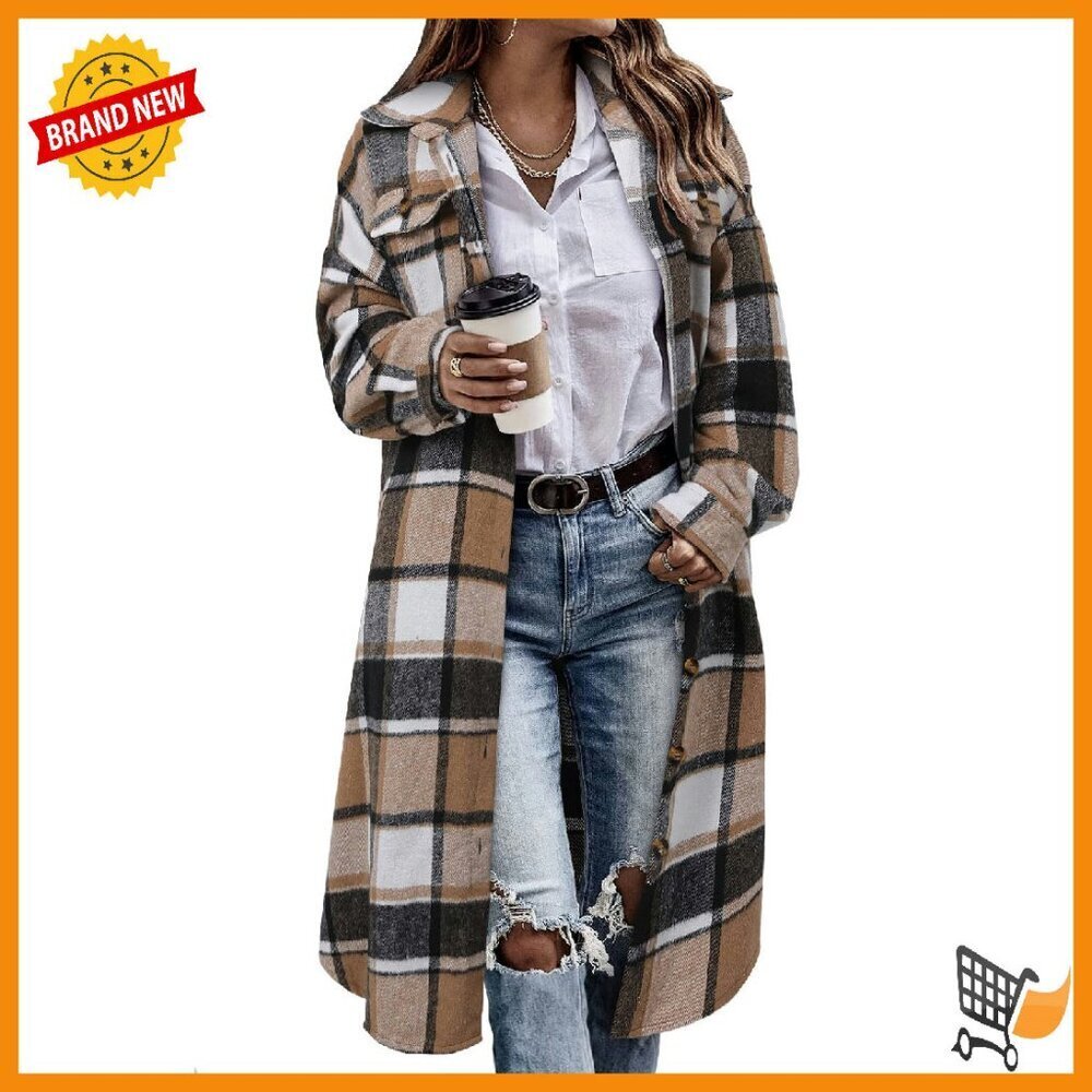 Oversized Plaid Shacket Corduroy Long Sleeve Button Down Trench Coat